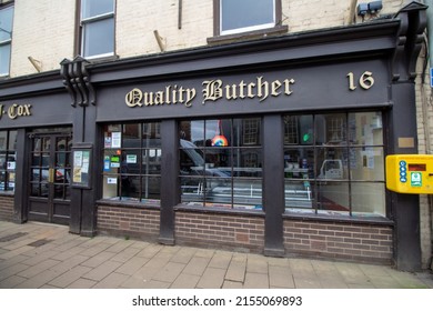 CREDITON, DEVON, UK - APRIL 6, 2022 Quality Butcher Shop On The High Street