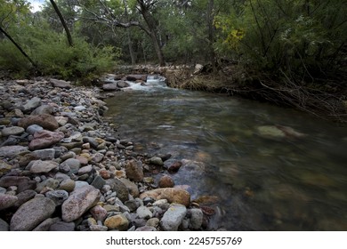Creek water flows along rocky bank of Idlewilde Campground in Cave Creek Canyon, Coronado National Forest, Arizona, United States