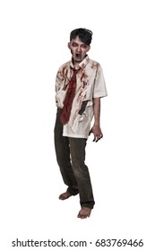 Creepy Asian Zombie Man With Bloody Face Standing Isolated Over White Background
