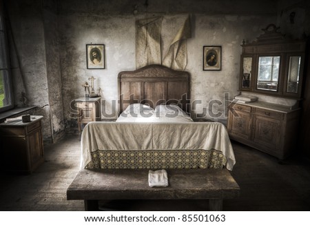 creepy bedroom scenery cracked walls wooden stock photo (edit now