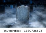 Creepy blank gravestone in graveyard at night with low spooky fog