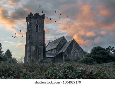 Creepy Church With Birds And Clouds