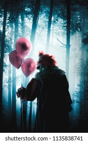 Creepy Clown With Balloons In A Forest