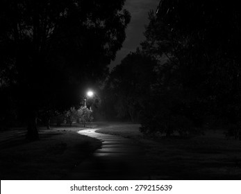 Creepy Dark Bike Path Lit By Street Light In The Melbourne Suburb Of Glen Waverley, Australia