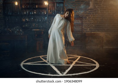 Creepy Demonic Woman Standing In The Magic Circle