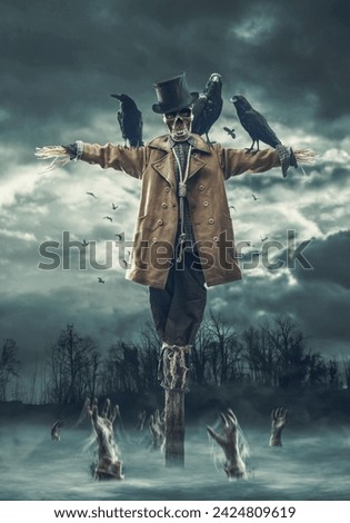 Creepy evil scarecrow with skull head and zombie hands coming out from their graves, horror concept