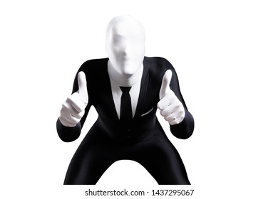Creepy Faceless Guy In Tight Business Suit Showing Approval With Thumbs Up Over Plain White Background