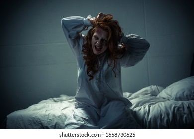 Obsessed Creepy Girl Nightgown Gesturing Shouting Stock Photo ...