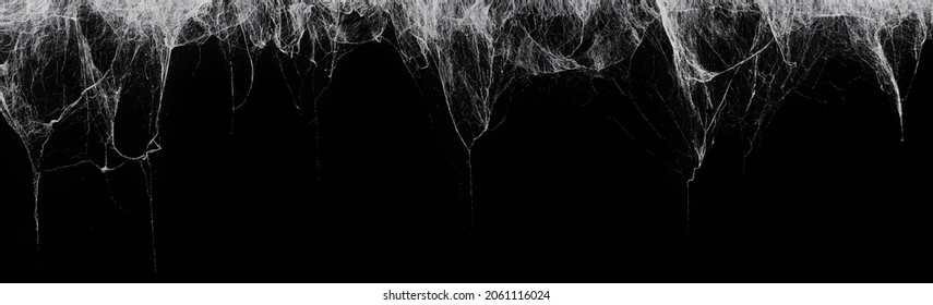 Creepy hanging spider web or cobweb on black, top border. Spooky Halloween or gothic background. - Shutterstock ID 2061116024