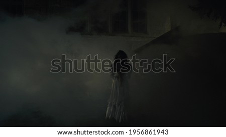Creepy lone bride near misty medieval castle