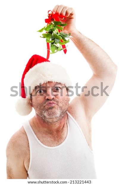 下着を着た不気味な男がクリスマス ヤドリギを抱き上げ キスをしに来た 白い背景に の写真素材 今すぐ編集