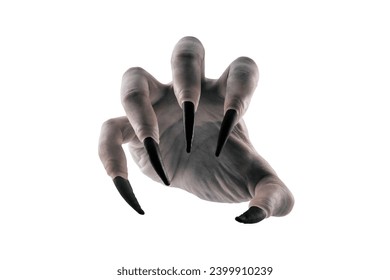 Creepy monster hand with black claws isolated on white background with clipping path