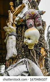 Creepy old dolls in the abandoned Island of the Dolls, Xochimilco, southern Mexico City