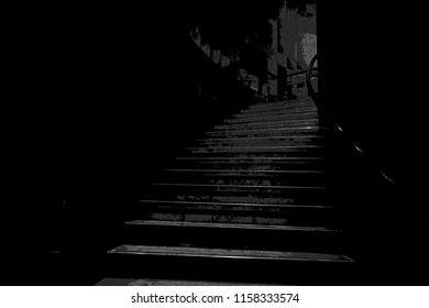 Creepy Stairs In A Dark Stairwell With Room For Text And Design.