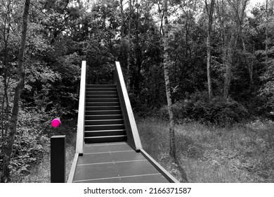 Creepy stairs in the woods, with red balloon. Random scary freaking phenomena 