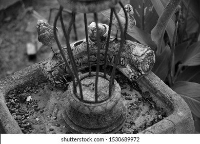 Creepy Stone Laughing Birds Outside Of Bird Cage On WELCOME Engraved Log. Bird Bath Statue Lawn Decoration.