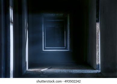 Creepy Walkway Hallway In Abandoned Building, Darkness Horror Night