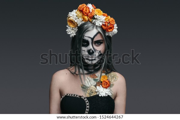 Creepy Young Woman Skull Makeup Floral Stock Photo (edit Now) 1524644267