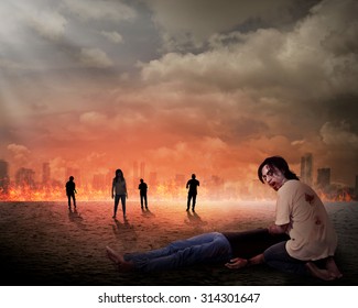 Creepy zombie eat dead man flesh with city on fire background - Shutterstock ID 314301647