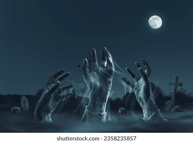 Zombis asombrados saliendo de sus tumbas en el cementerio, horror y concepto de Halloween