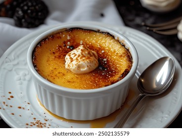 Creme brulee dessert topped with caramelized sugar and fresh berries, elegantly presented in a ramekin, showcasing professional food photography and detailed composition. - Powered by Shutterstock