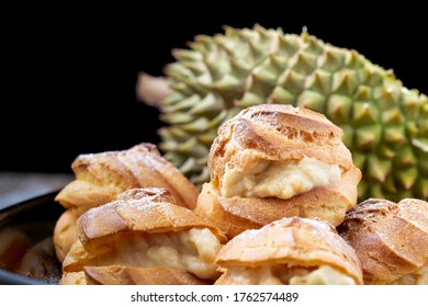 Creme Puffs Made With Fresh Durian Fresh, King Of Fruits. Typically Found In Tropical Countries Malaysia And Thailand, Durian Is A Seasonal Fruit Harvested During Summer. Homemade Food On Table.