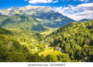 Cremeno Dolomites Alps landscape view, green landscape od Lombardy, Italy