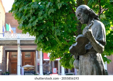 Cremona, Italy about September 2021. Stradivari monument. Monument of the luthier Antonio Stradivari. In front of the Cremona violin museum a statue of the luthier.
