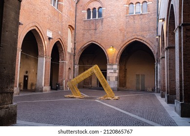 Cremona, Italy - January 2022: Courtyard Of The Palace Of The City Of Cremona With A Christmas Light Installation, Lombardy - Taly.