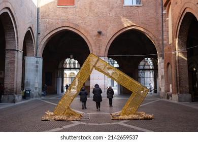 Cremona, Italy - January 2022: Courtyard Of The Palace Of The City Of Cremona With A Christmas Light Installation, Lombardy - Taly.