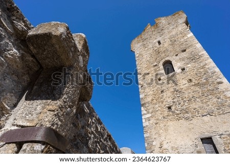 crenellated tower of the walled enclosure from the 14th century, village of Saissac, Aude, Black Mountain region, French Republic, Europe