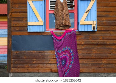 Creole Culture Colors. Caribbean Island Colorful Fashion And Architecture In Guadeloupe.