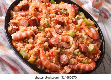 Creole Food: Jambalaya With Shrimp And Sausage Close-up On A Plate. Horizontal
