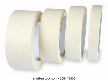 Crepe-adhesive Tape, Masking Tape, White, Paper, Four Are On The Side Of The Roll, Isolated On White Background.