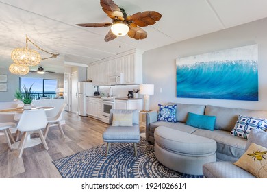 Crescent Beach, FL USA - February 24 2021: Living Room in an oceanfront vacation rental condo