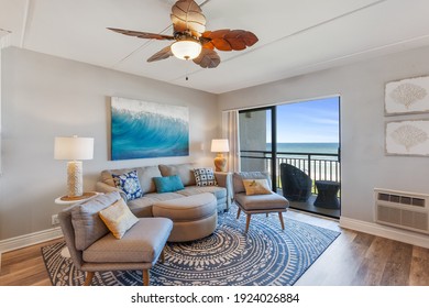 Crescent Beach, FL USA - February 24 2021: Living Room in an oceanfront vacation rental condo