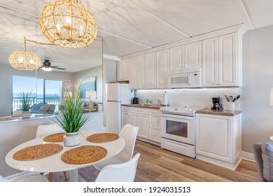 Crescent Beach, FL USA - February 24 2021: Kitchen in an oceanfront vacation rental condo