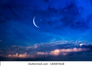 Crescent Moon With Beautiful Sunset Background 