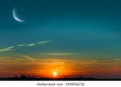 Crescent Moon With Beautiful Sunset Background