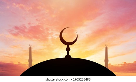 Crescent moon of Muslim mosque on sky background. Symbol of Islam on dome of mosque. Silhouettes of Islamic baths and minarets. Concept - belief in Islam and Islam. Visiting mosques