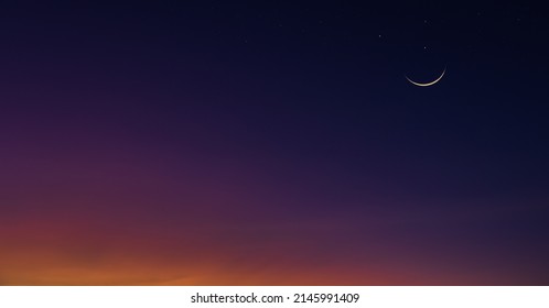 Crescent moon on dusk sky Twilight background, religion of Islamic and well editing text Ramadan, Eid Al Fitr, Eid Al Adha  - Shutterstock ID 2145991409