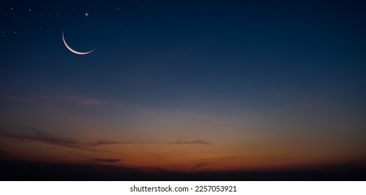 Crescent moon on dusk sky twilight after sundown, religion of Islamic well editing text Ramadan Kareem, Eid al Fitr, Eid Mubarak, Eid Al Adha, Muharram on free space background  - Powered by Shutterstock