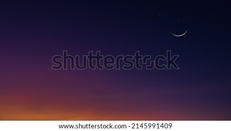 Crescent moon on dusk sky Twilight background, religion of Islamic and well editing text Ramadan, Eid Al Fitr, Eid Al Adha 