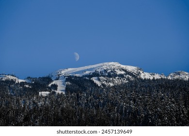 Crescent moon over a mountain range in winter with snow covered peak and pine trees. Clear evening sky - Powered by Shutterstock