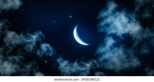 Crescent moon, shining stars and thin clouds in the calm midnight sky. Bottom up view of mysterious night sky view that gives calmness - Powered by Shutterstock