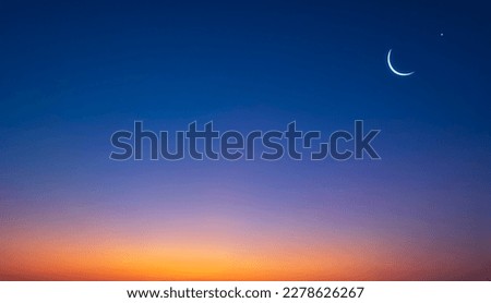 Crescent Moon and Star on colorful Evening Sky, Beautiful Twilight background with free space for text Ramadan, Eid Al Adha, Mubarak, Eid Al Fitr, Muharram