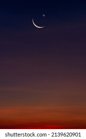 Crescent moon and star on dusk sky in the evening on twilight religion of Islamic begin Ramadan month and free space for text Eid Al Adha, Eid Al Fitr, Muharram