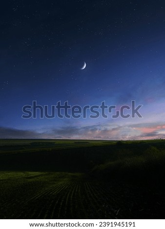 Crescent moon in the starry evening sky. Moon over green fields after sunset. Dreamlike night view.