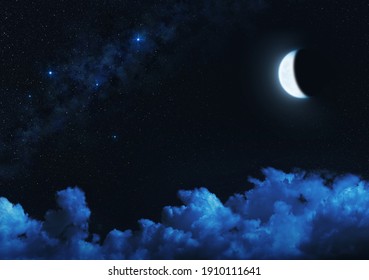 Crescent Moon In Starry Night Sky With Illuminated Clouds.