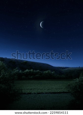 Crescent Moon in starry night sky over green fields and hills. A fabulous night landscape.